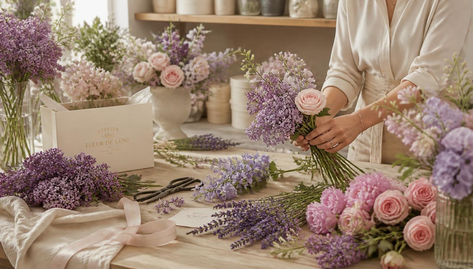 Flores lila, lavanda y rosadas de Bella Flora