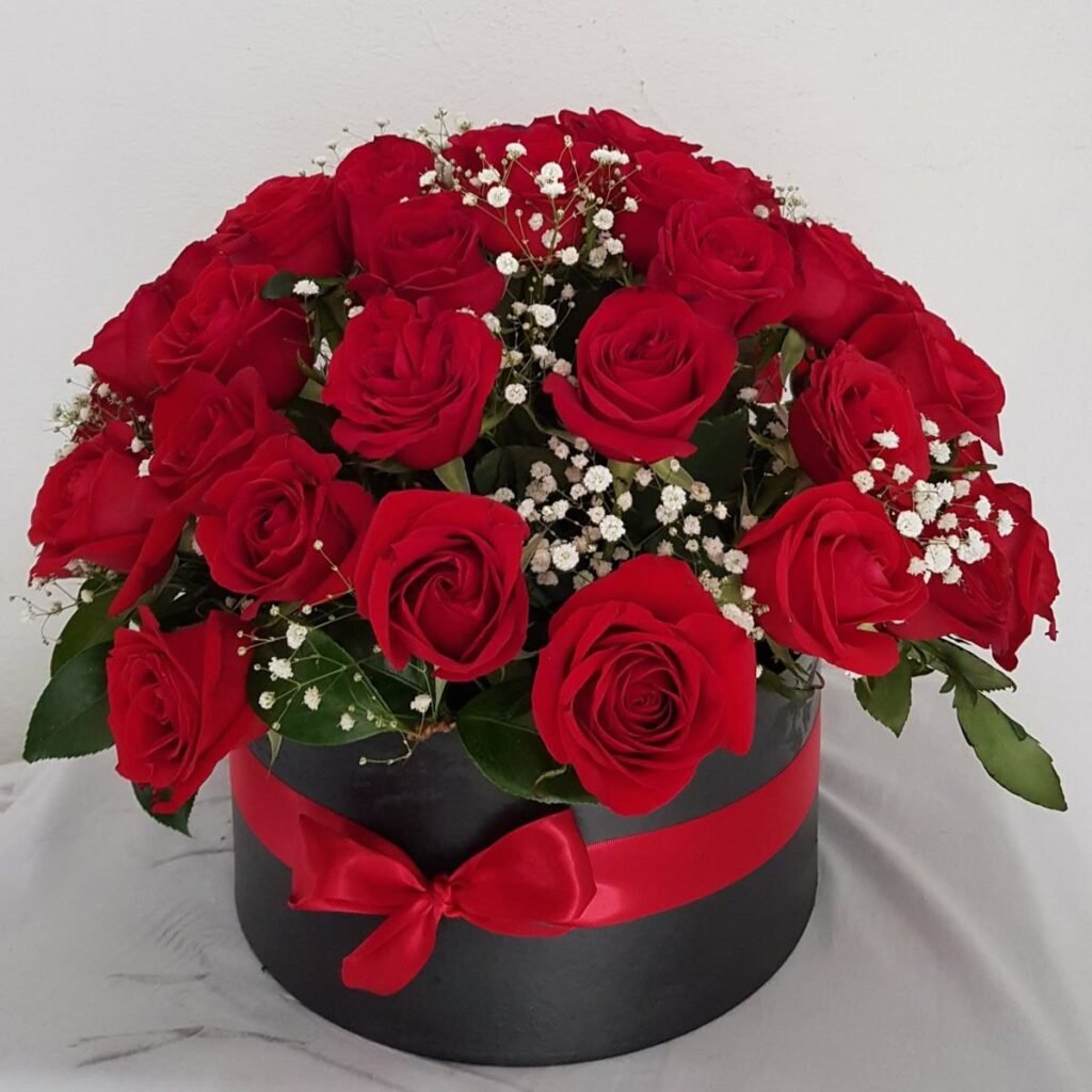 Caja de rosas rojas con flores blancas de baby’s breath